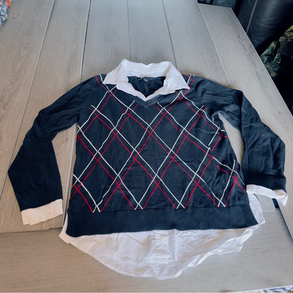 Tommy Hilfiger Women's Layered Argyle V-Neck Sweater Shirt Combo Navy Blue Size